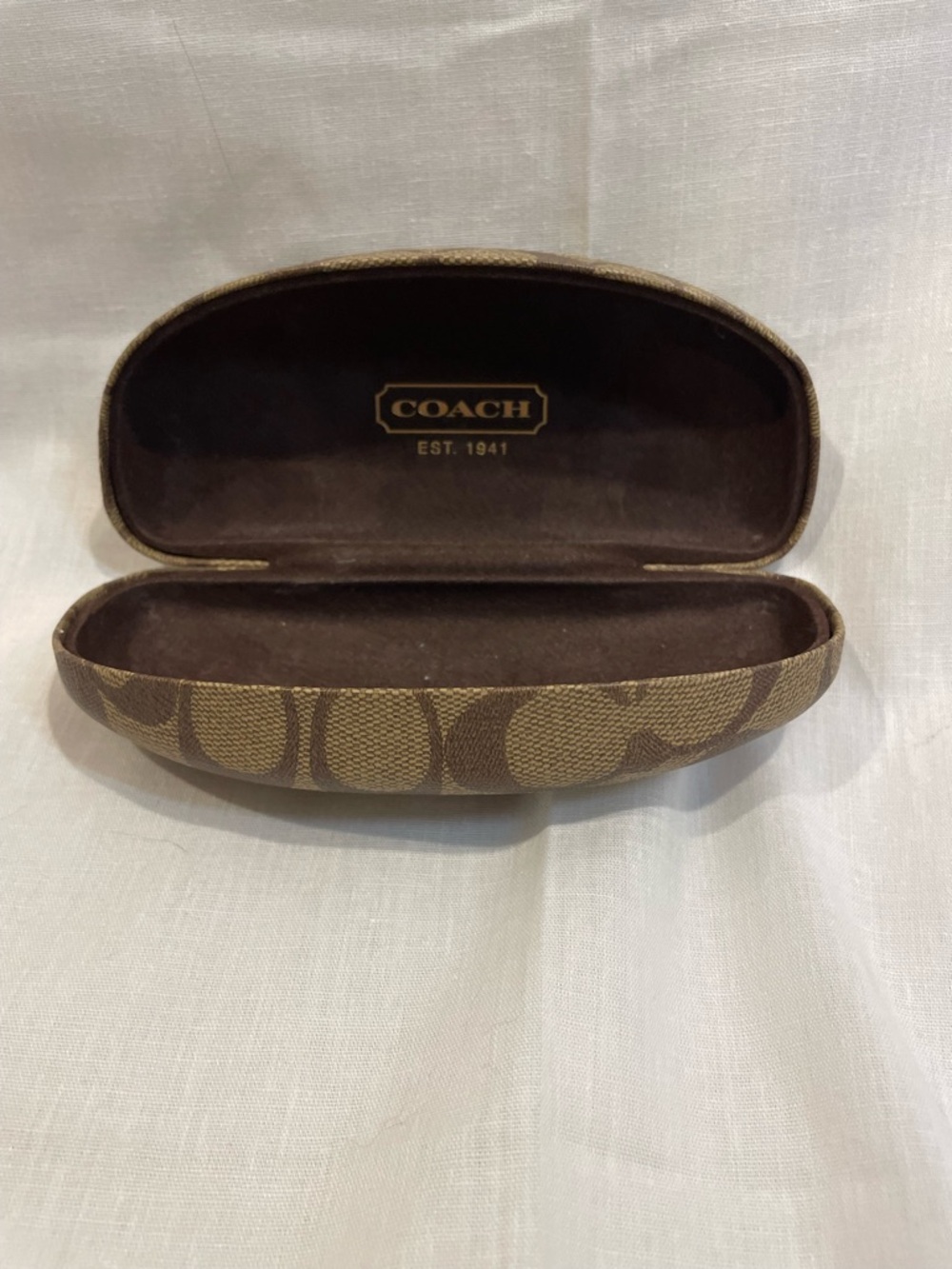 Coach Brown Monogram Hard Sunglasses Case. Minimalist. Coach logo.